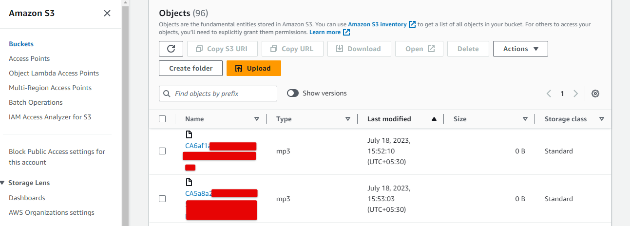 Amazon S3 bucket Objects list showing synced call recording mp3 files