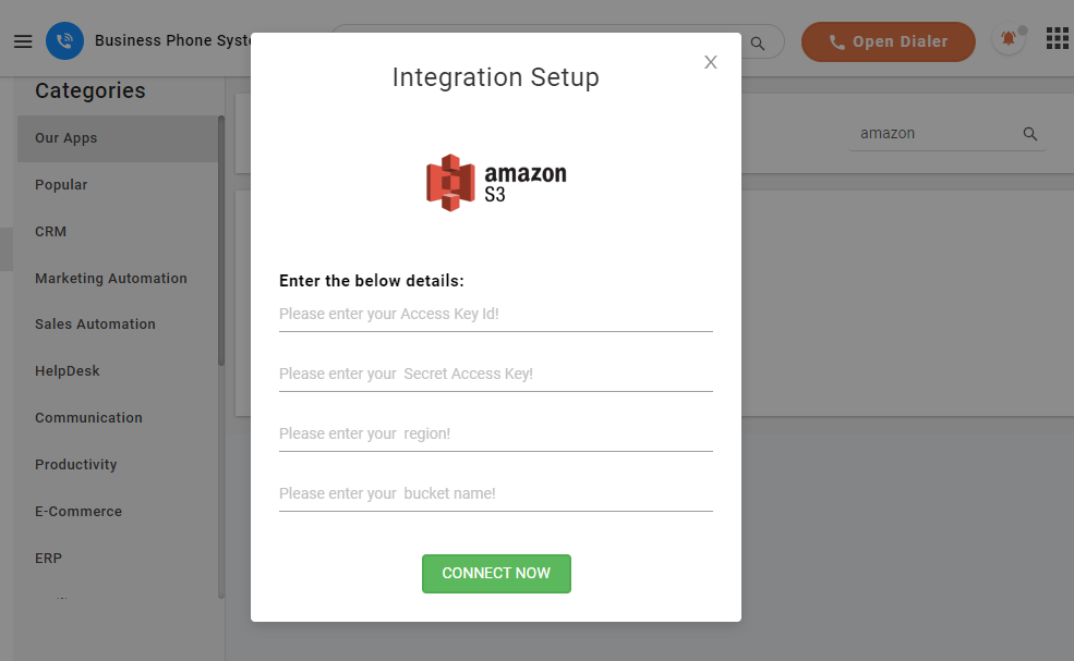 CallHippo Amazon S3 Integration Setup pop-up with Access Key ID, Secret Access Key, Region and Bucket name fields