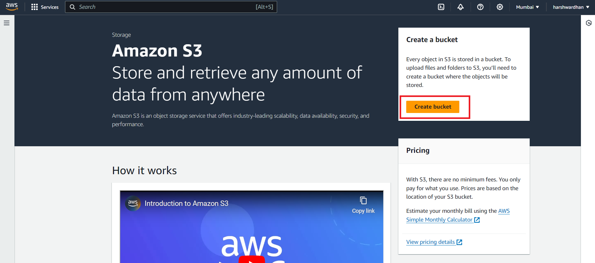 Amazon S3 console landing page with the Create bucket button highlighted