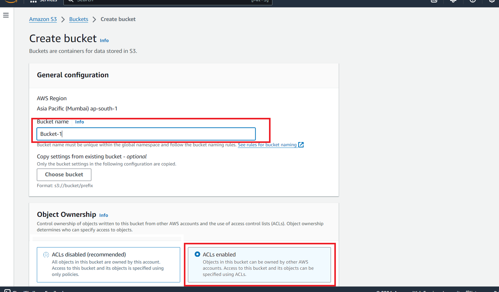 Amazon S3 Create bucket screen showing bucket name field and Object Ownership set to ACLs enabled
