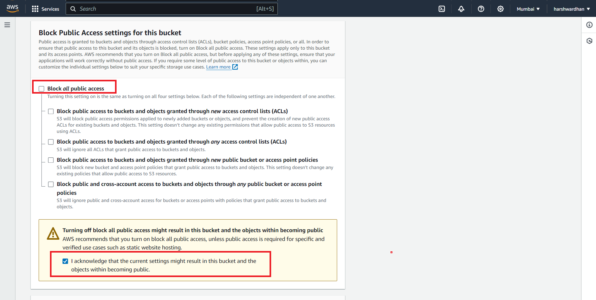 Amazon S3 Block Public Access settings with Block all public access unchecked and acknowledgement ticked