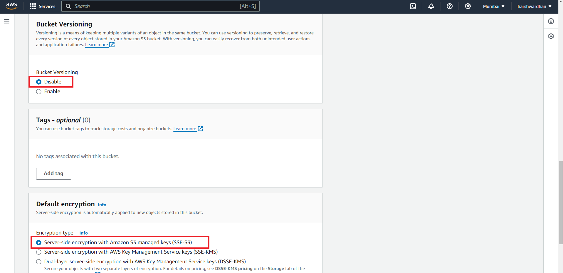 Amazon S3 Bucket Versioning set to Disable and Default encryption set to SSE-S3