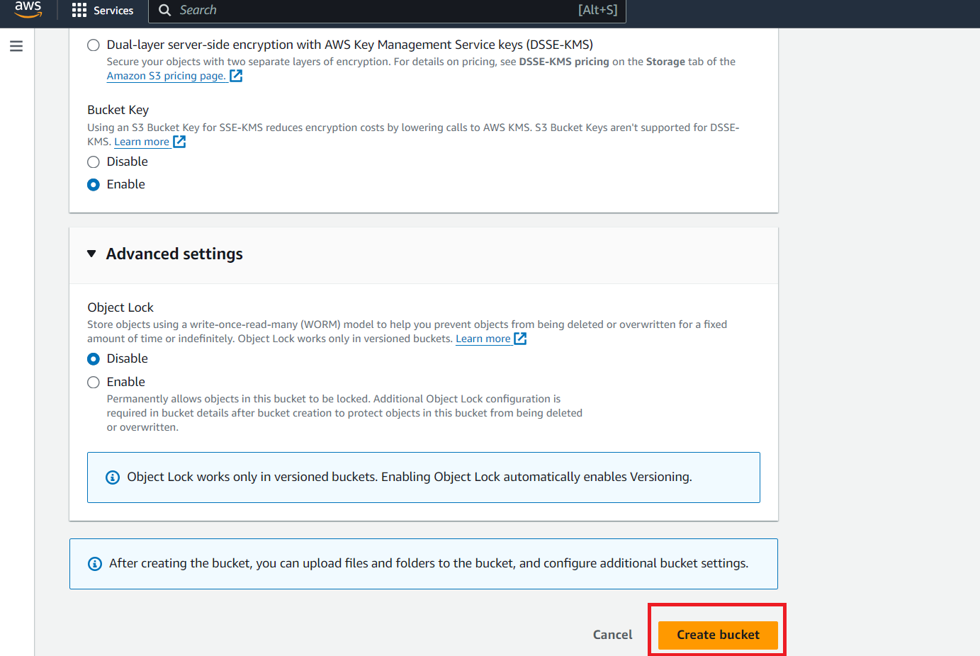 Amazon S3 advanced settings with the Create bucket button highlighted