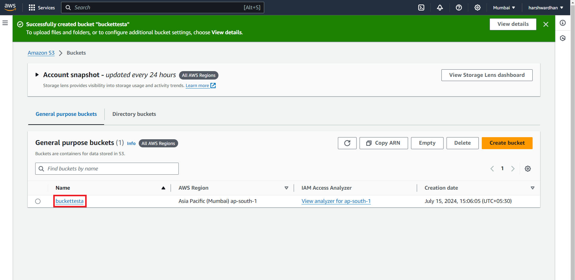 Amazon S3 Buckets list showing the newly created bucket and its name