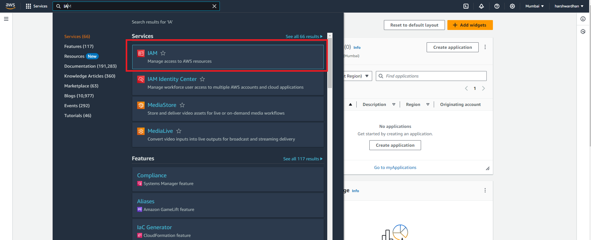 AWS console search results for IAM with the IAM service highlighted