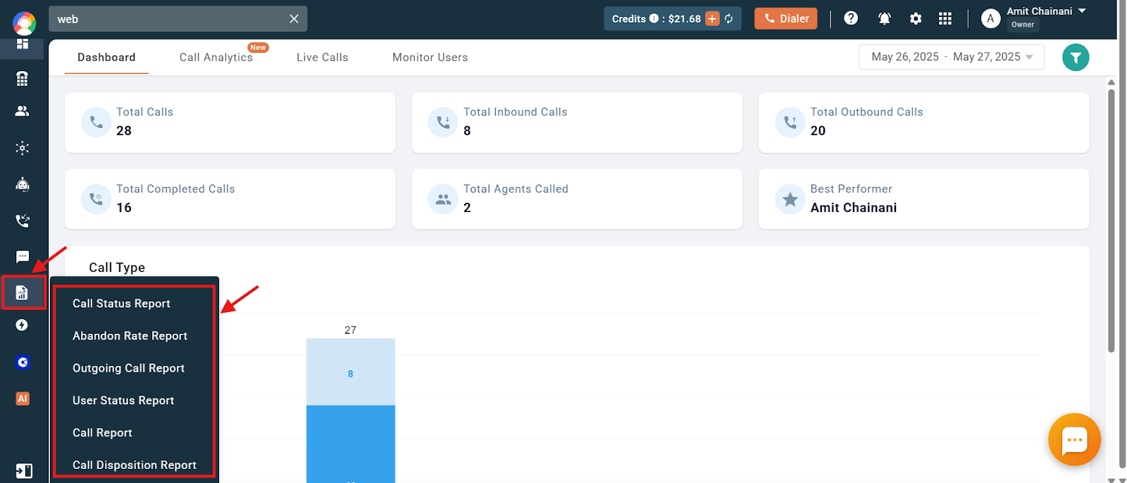 CallHippo Reports menu listing Call Status, Abandon Rate, Outgoing Call, User Status and Call reports