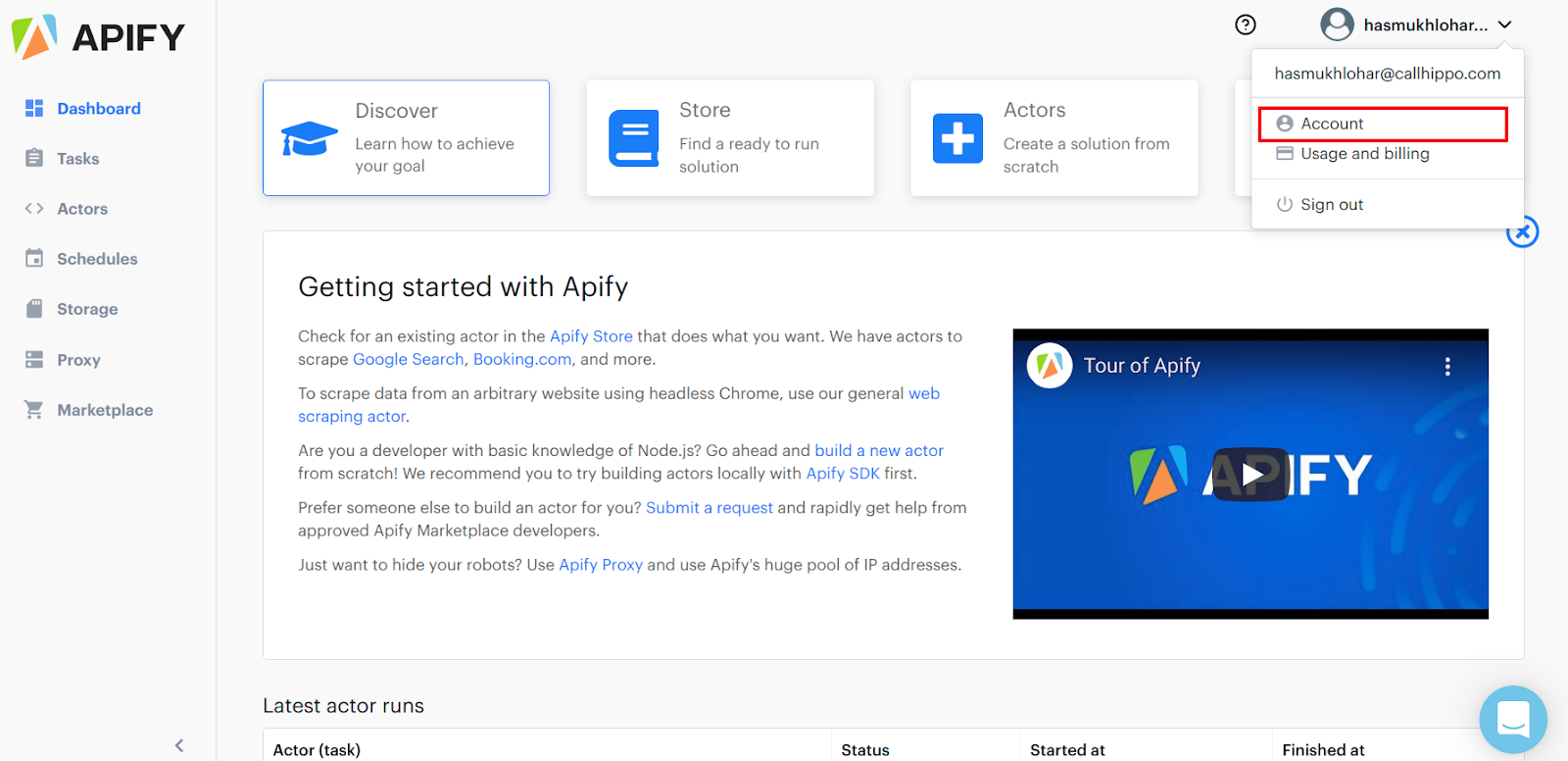Apify dashboard with the profile dropdown open and Account highlighted