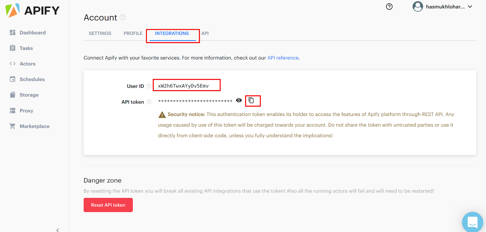 Apify Account Integrations tab showing User ID and API token fields