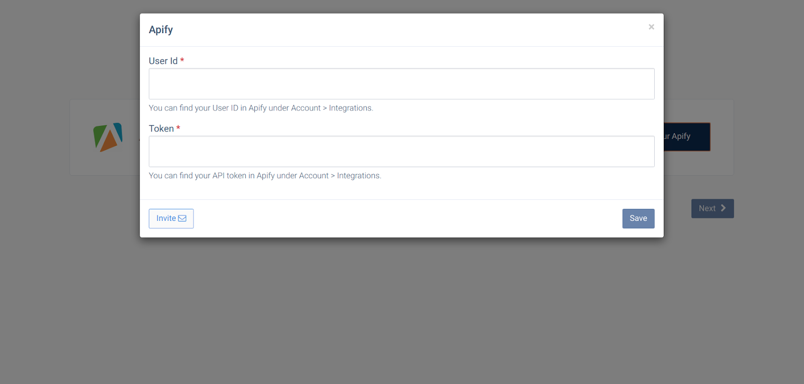 CallHippo Apify integration popup with User Id and Token fields