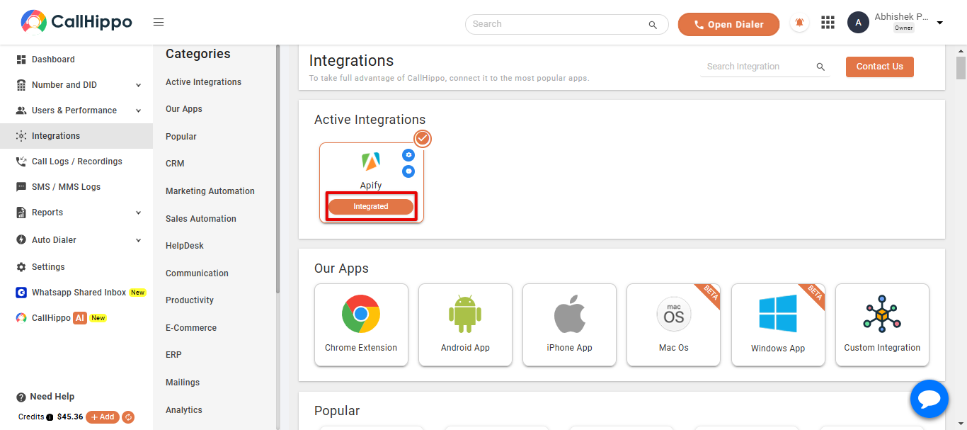 CallHippo Active Integrations showing Apify status as Integrated