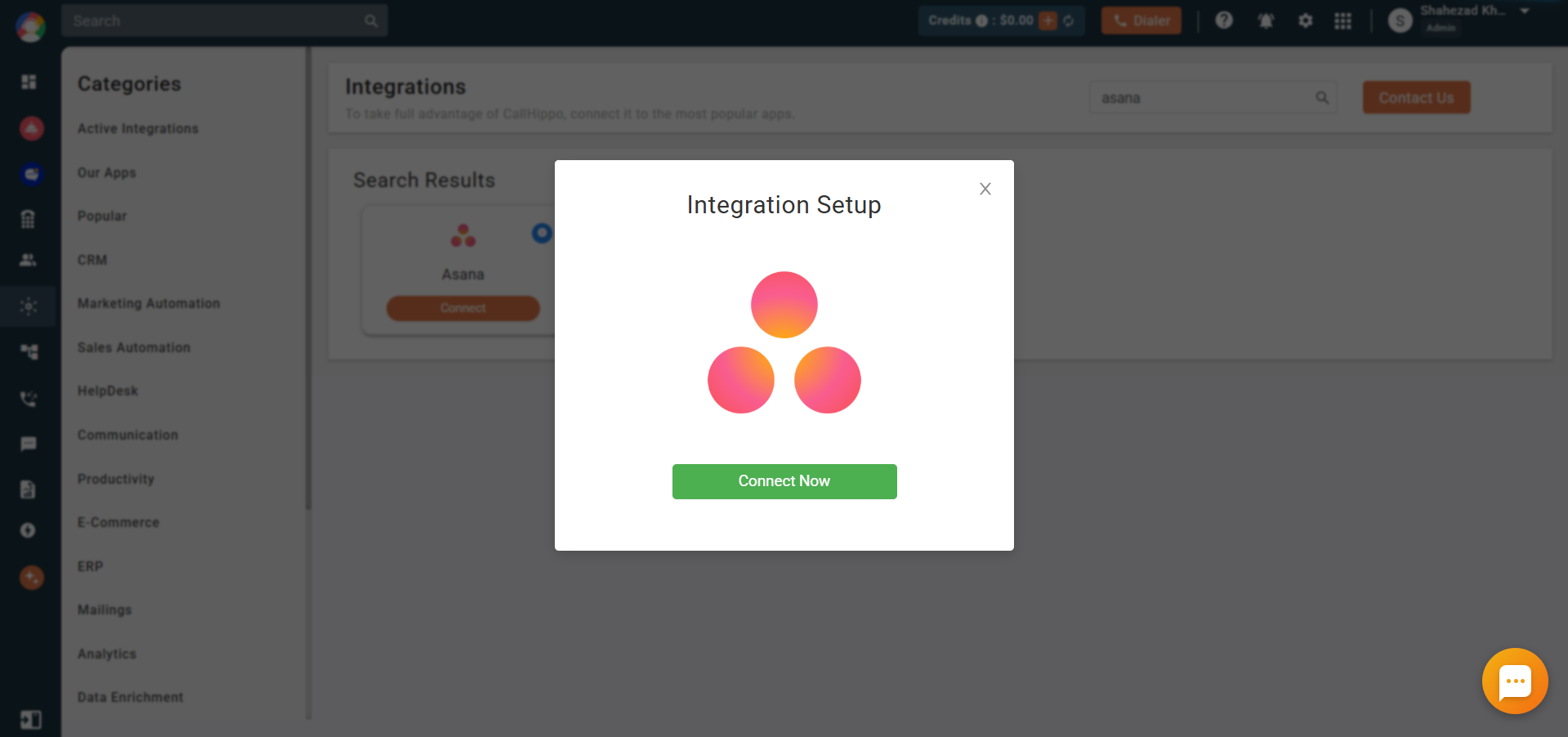 Integration Setup popup with Connect Now button for Asana