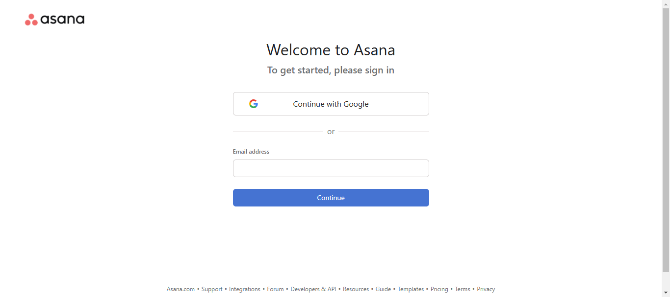 Asana welcome sign-in page with email address field