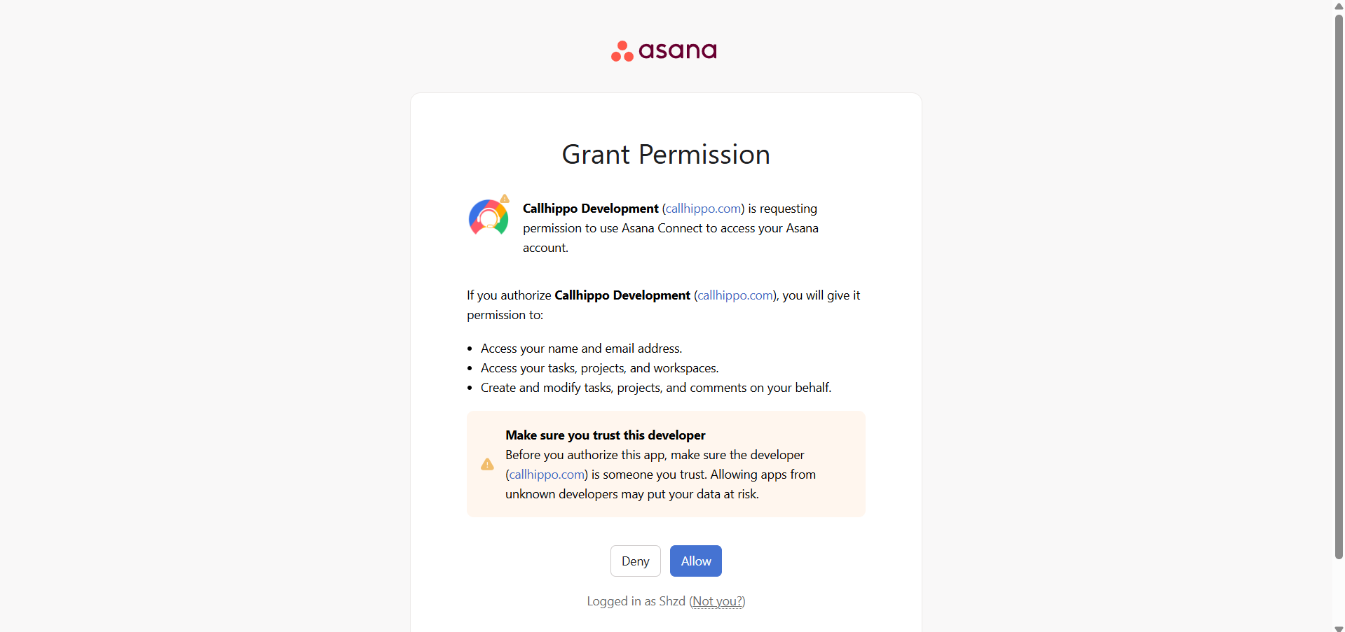 Asana Grant Permission screen authorizing CallHippo with Allow button