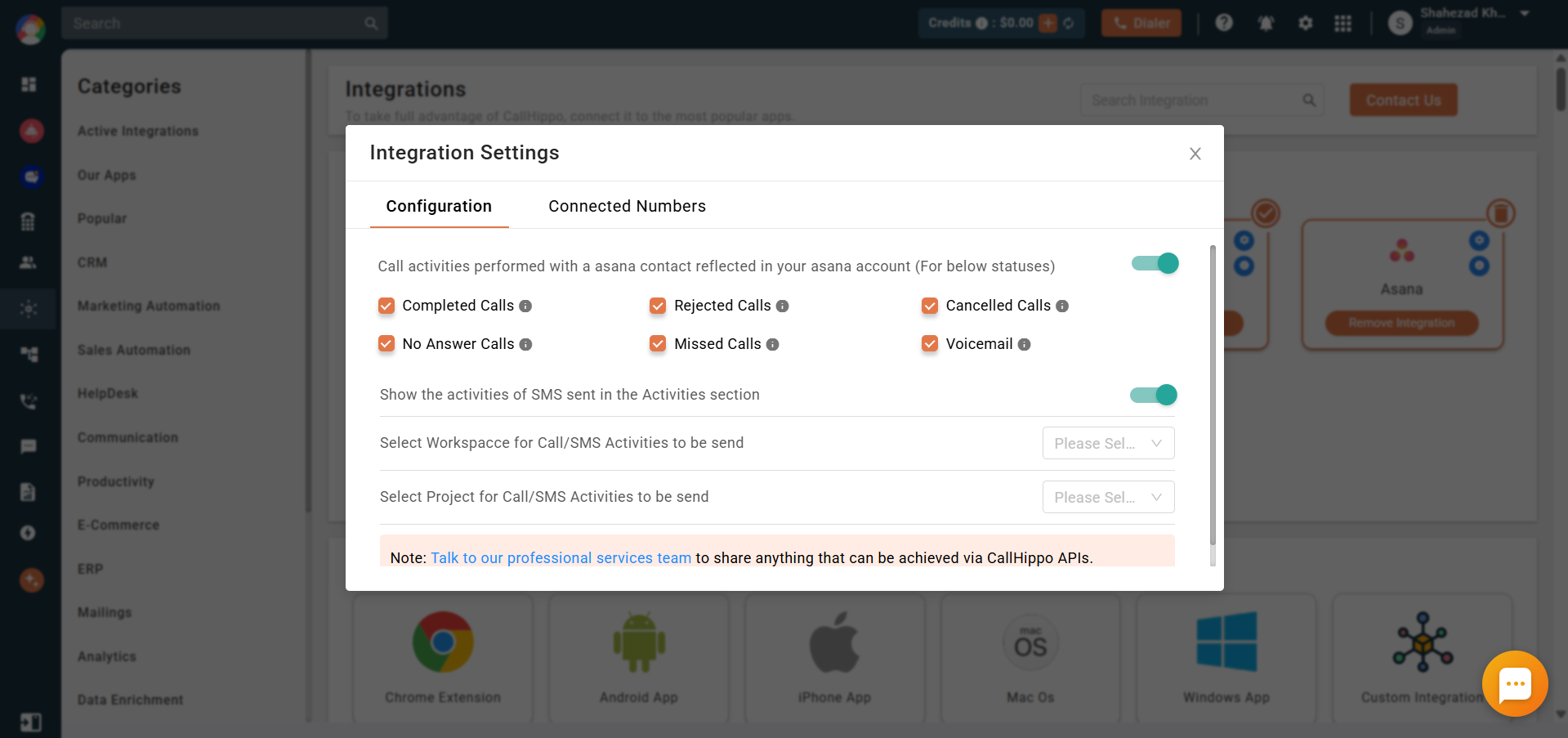 Asana Integration Settings with call status checkboxes and SMS toggle