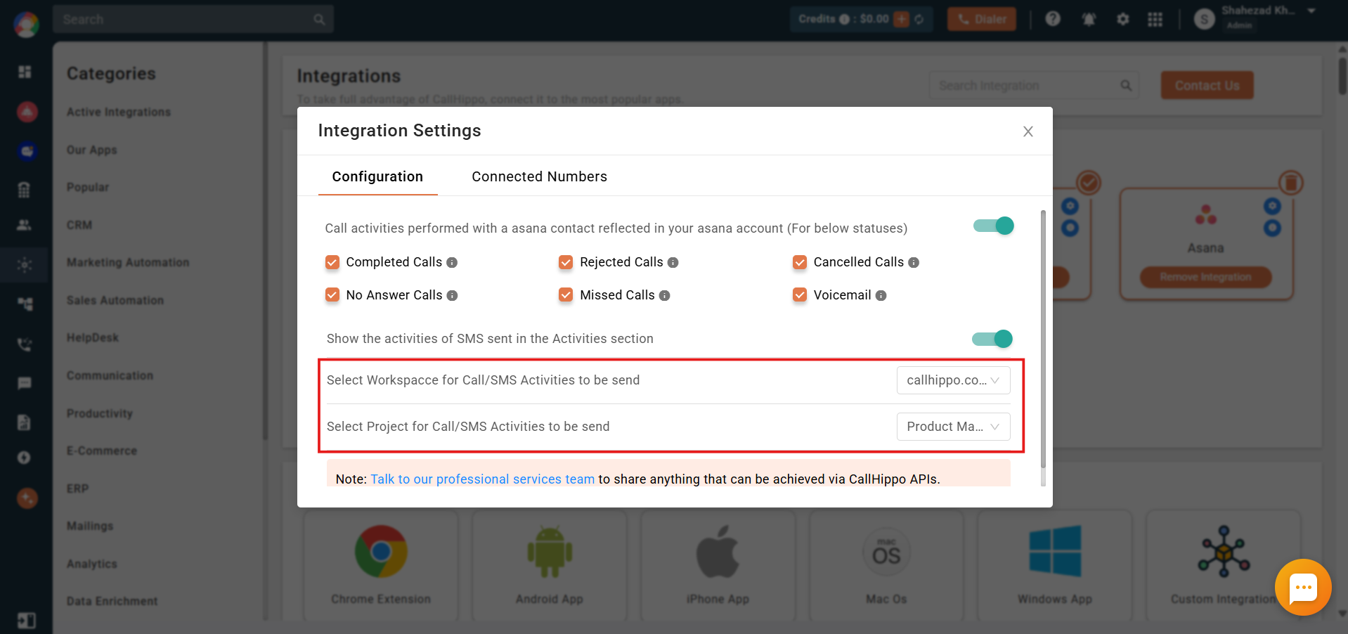 Asana Integration Settings with Workspace and Project dropdowns highlighted