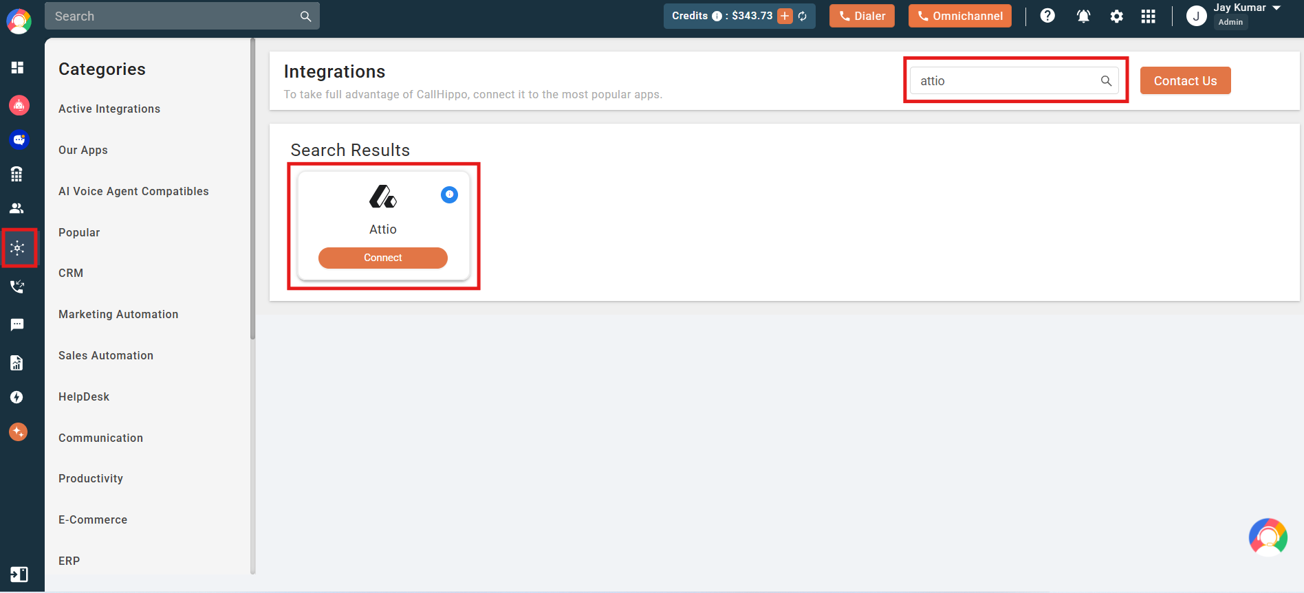 Searching for Attio on the CallHippo Integrations page and clicking Connect