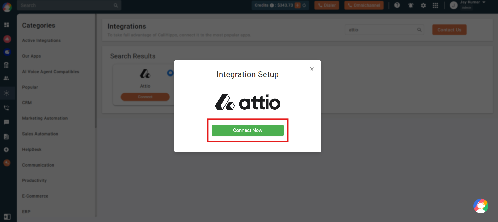 Attio Integration Setup dialog in CallHippo with the Connect Now button