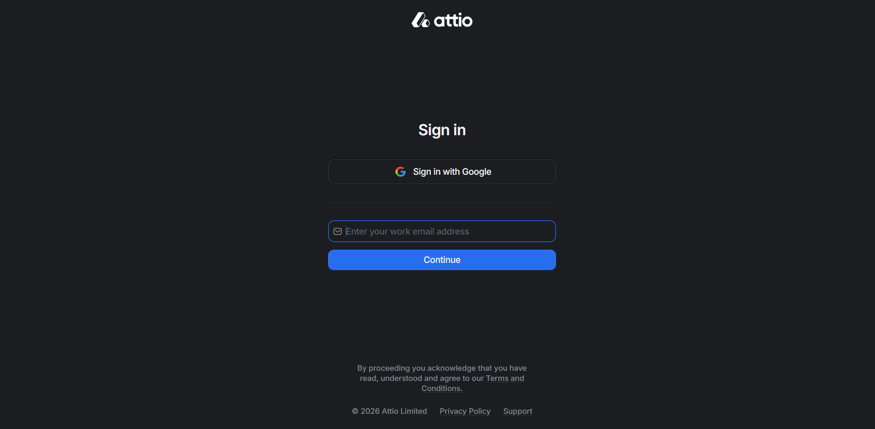Attio sign-in screen prompting for a work email address