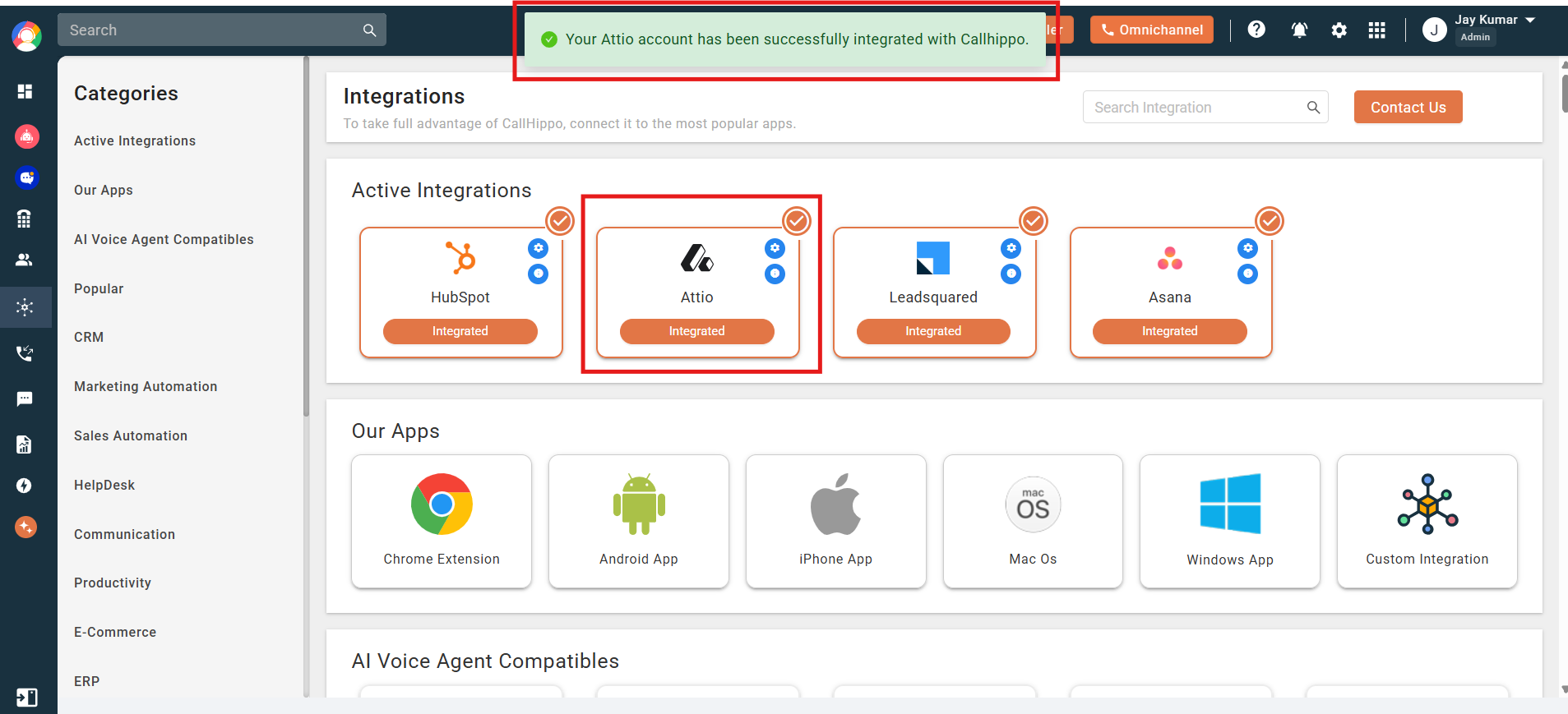 CallHippo Integrations page showing Attio with an Integrated status after a successful connection