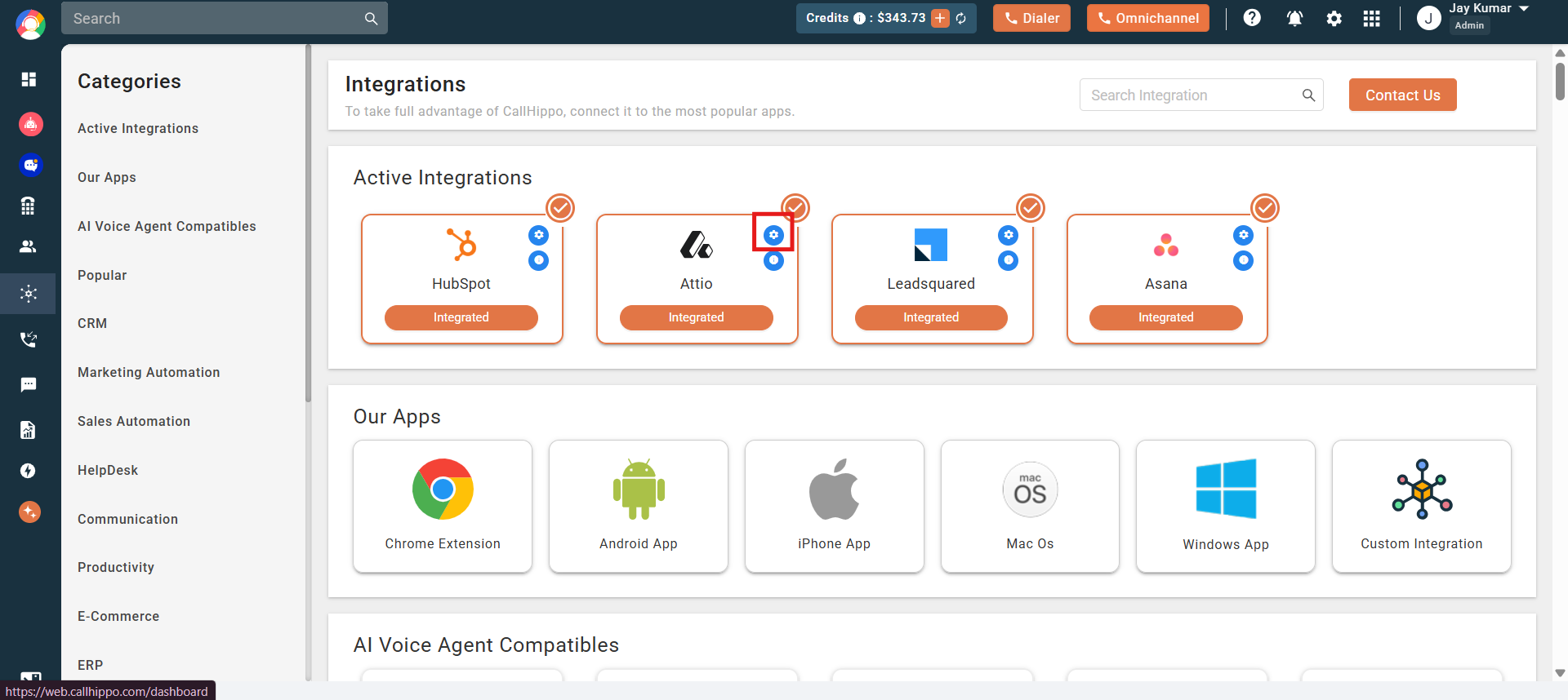 Settings gear icon on the Attio integration card in CallHippo