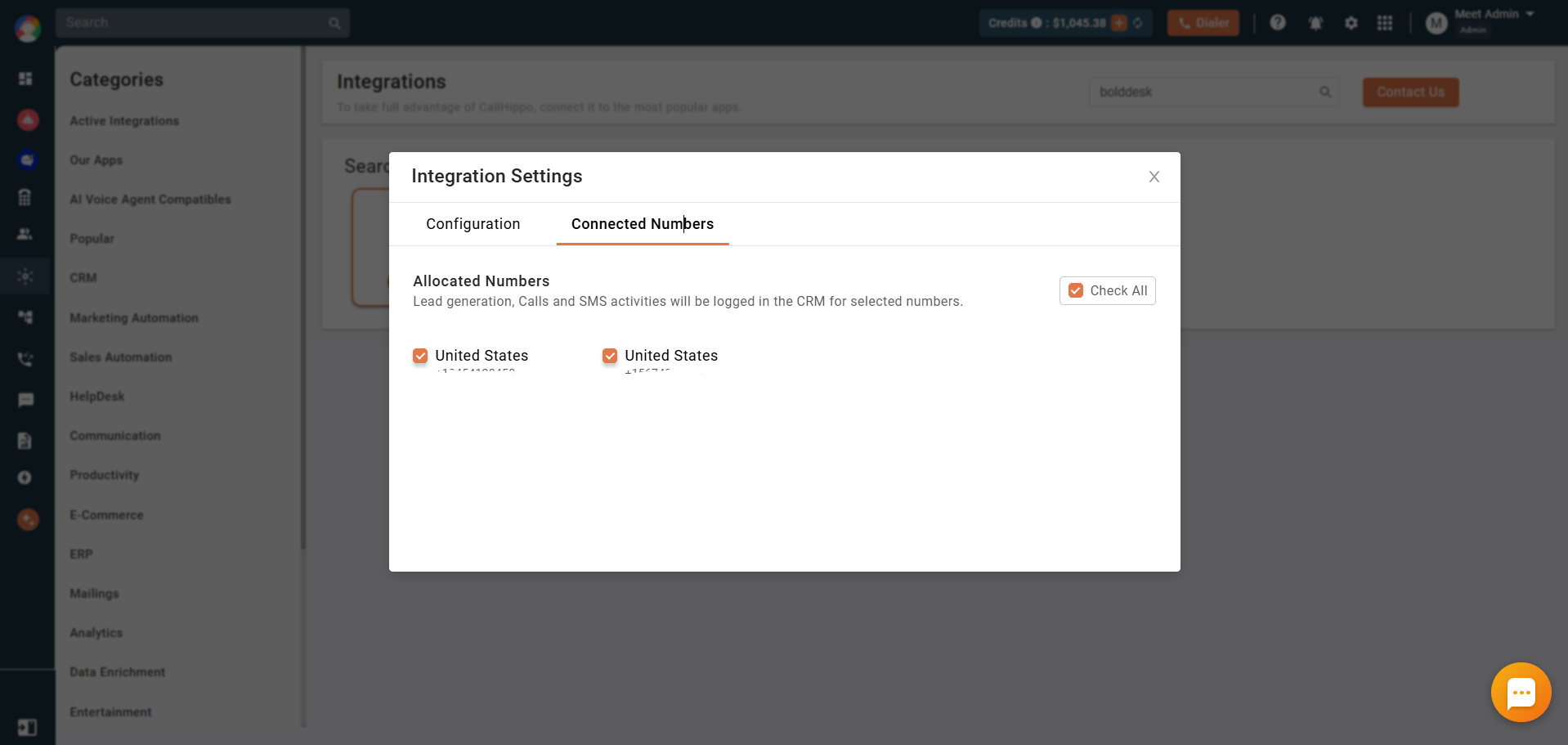 Connected Numbers tab showing allocated numbers to log calls and SMS in Attio