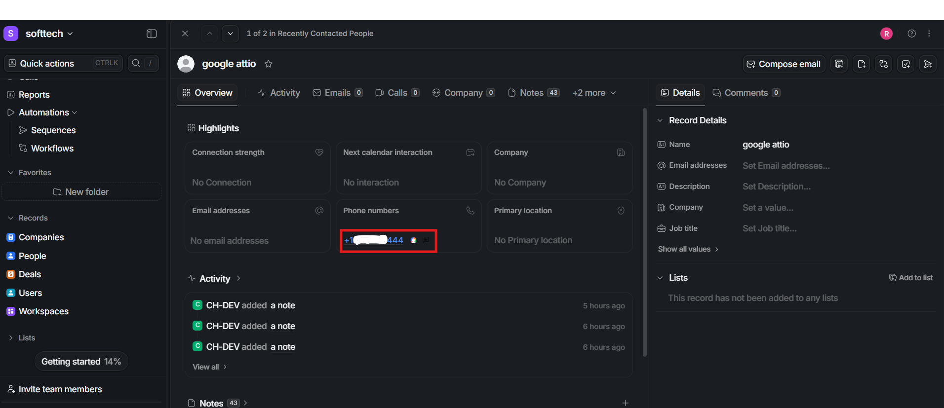 Attio People record showing a contact phone number with the CallHippo click-to-call option