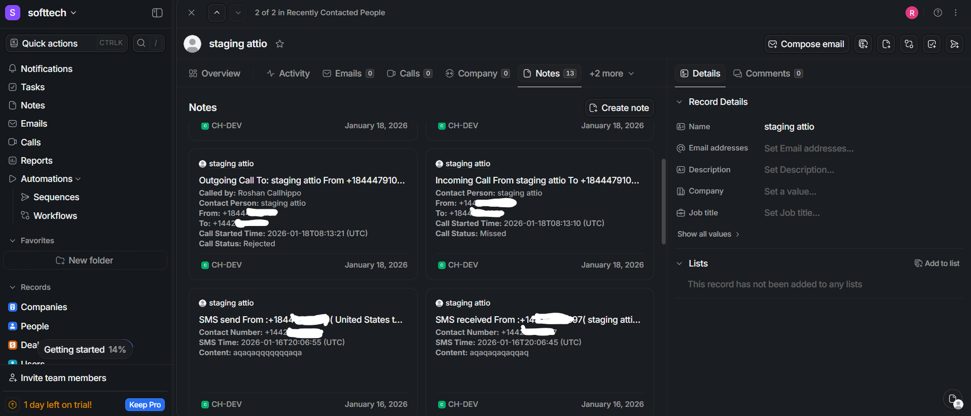 Attio contact Notes showing logged call and SMS activities from CallHippo
