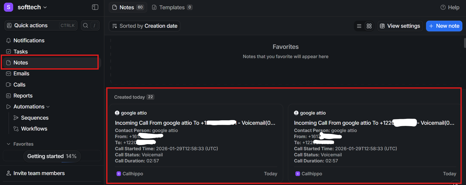 Attio Notes module listing CallHippo call activities including voicemail details