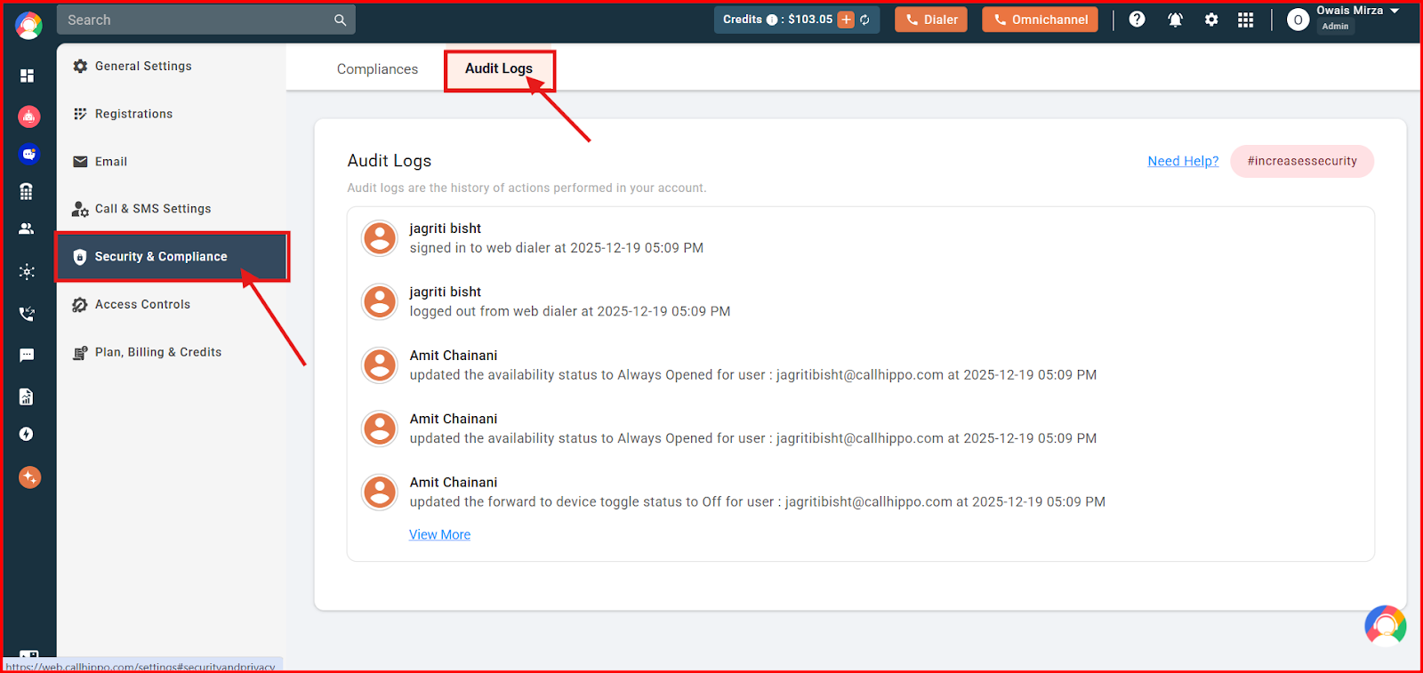Audit Logs under Security and Compliance in the CallHippo settings