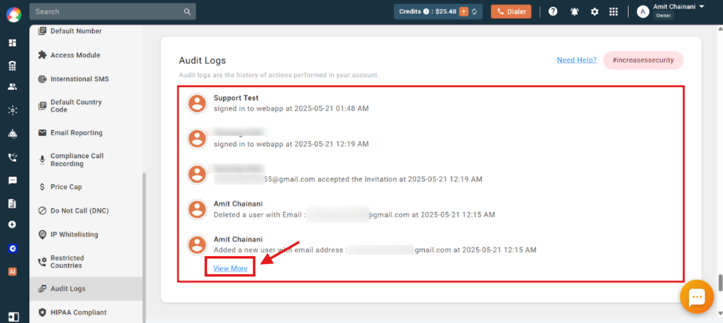 View More button highlighted in the Audit Logs section