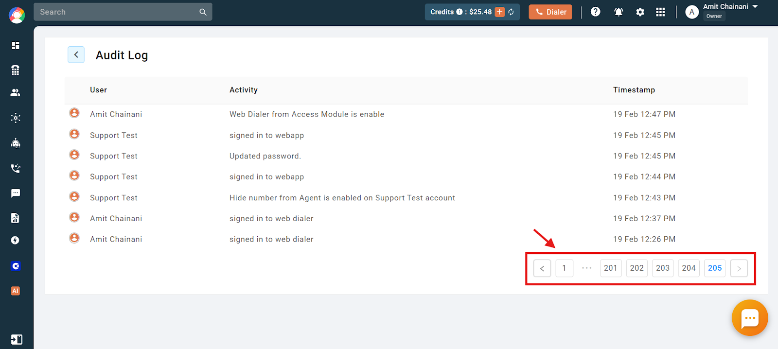 Full Audit Log page listing user, activity, and timestamp with pagination controls