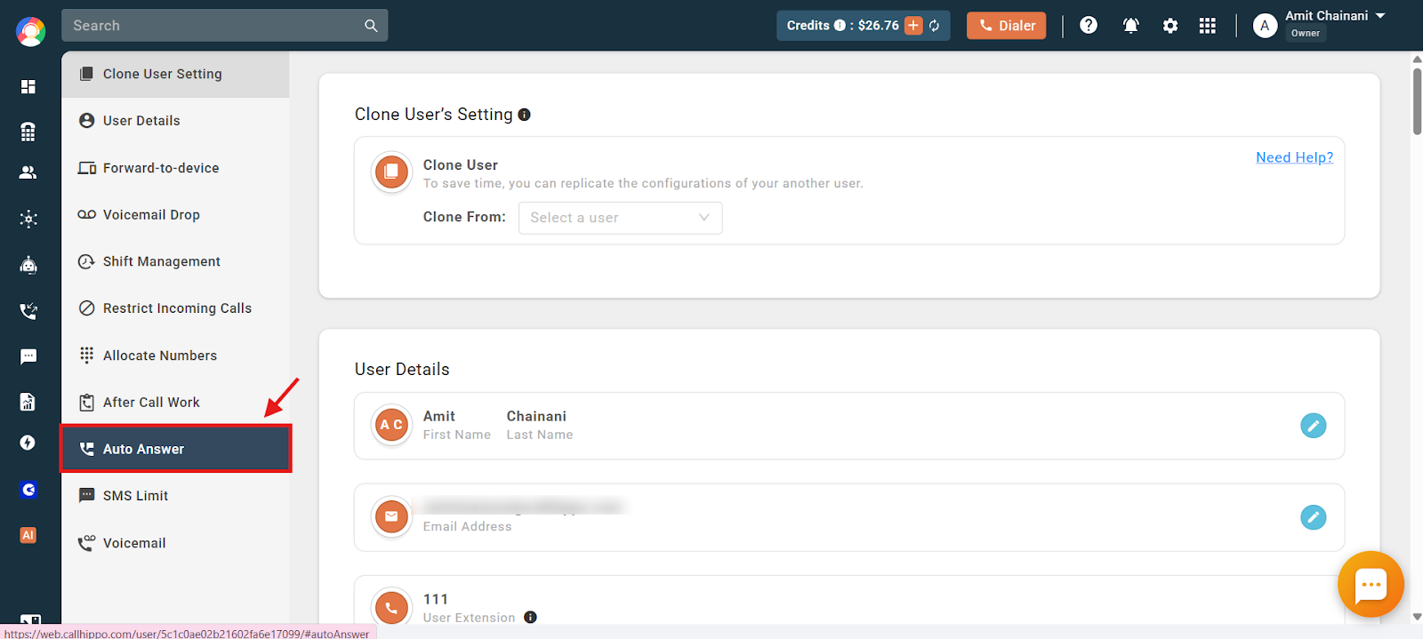 User settings screen with the Auto Answer option highlighted on the left