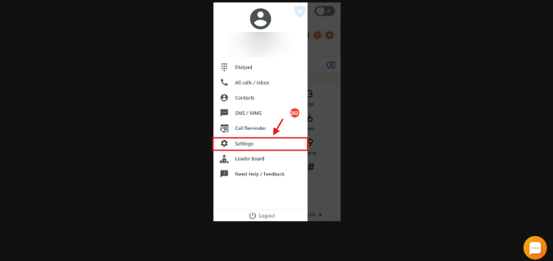 Dialer main menu with the Settings option highlighted