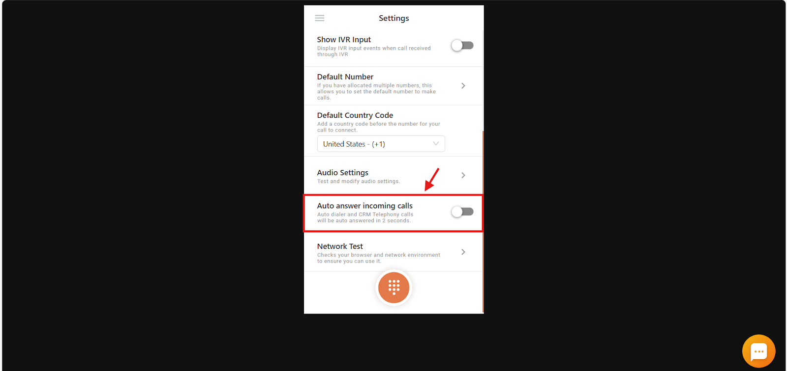 Dialer settings showing the Auto answer incoming calls toggle