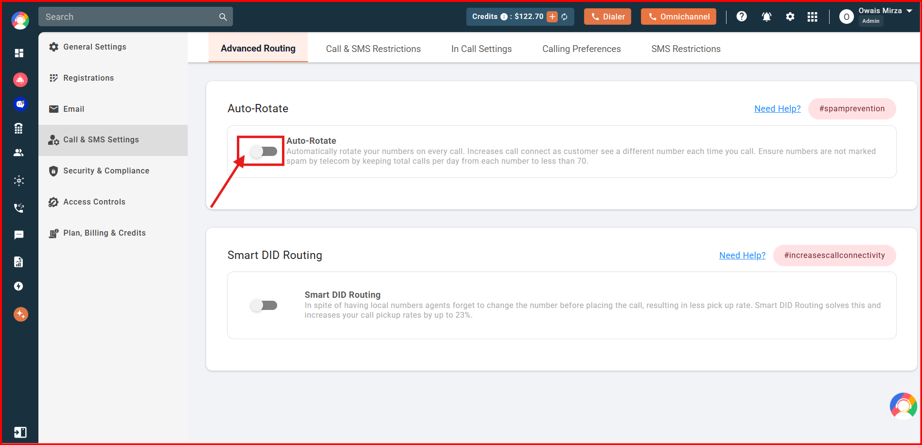 Auto-Rotate toggle highlighted on the Advanced Routing page