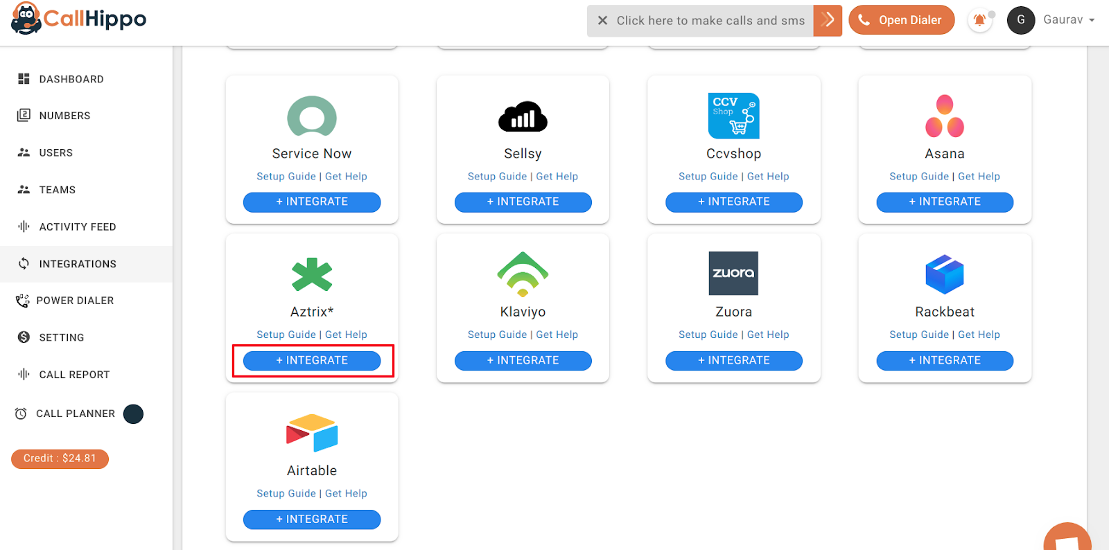 CallHippo Integrations grid with the Aztrix Integrate button highlighted