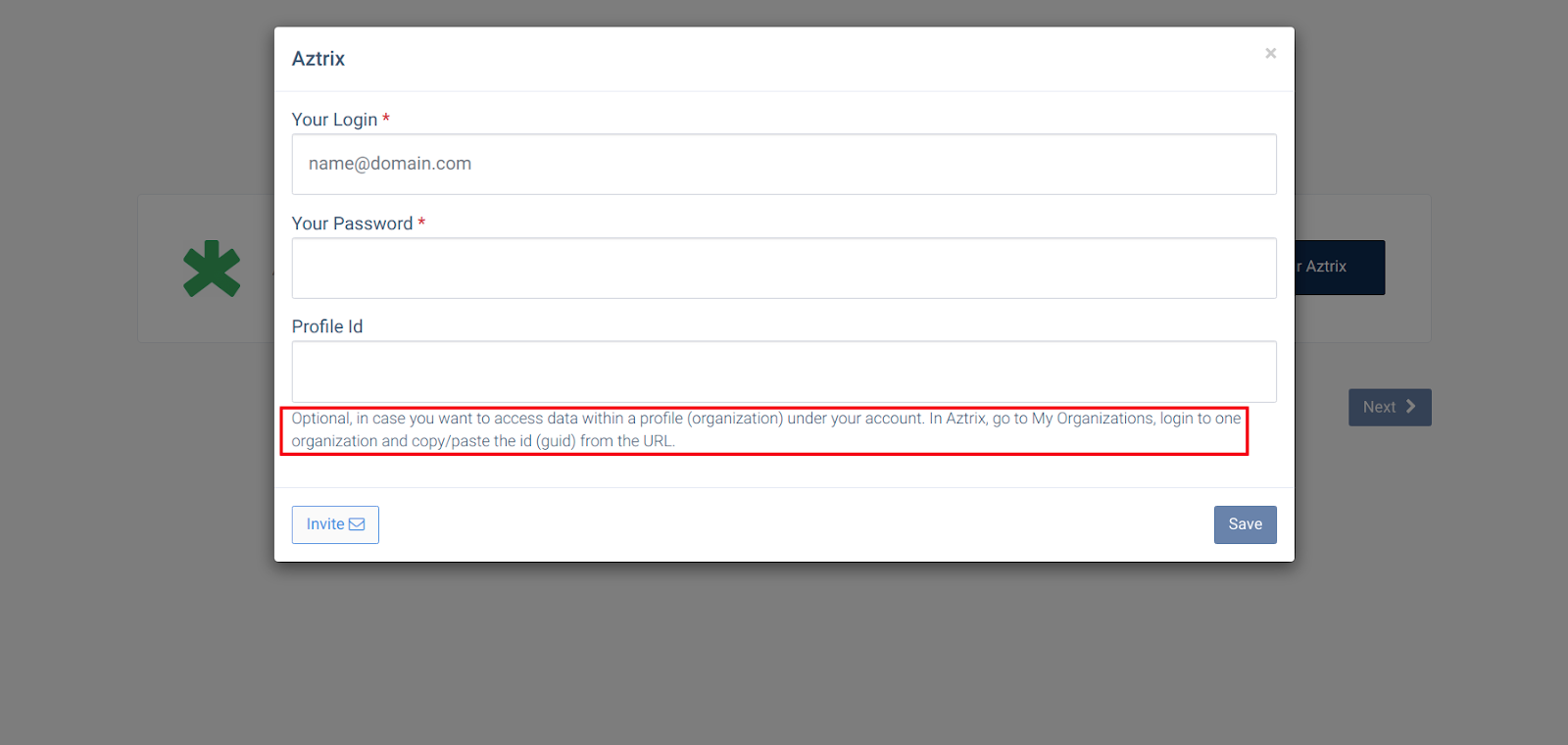 Aztrix login form with email, password and optional Profile Id fields