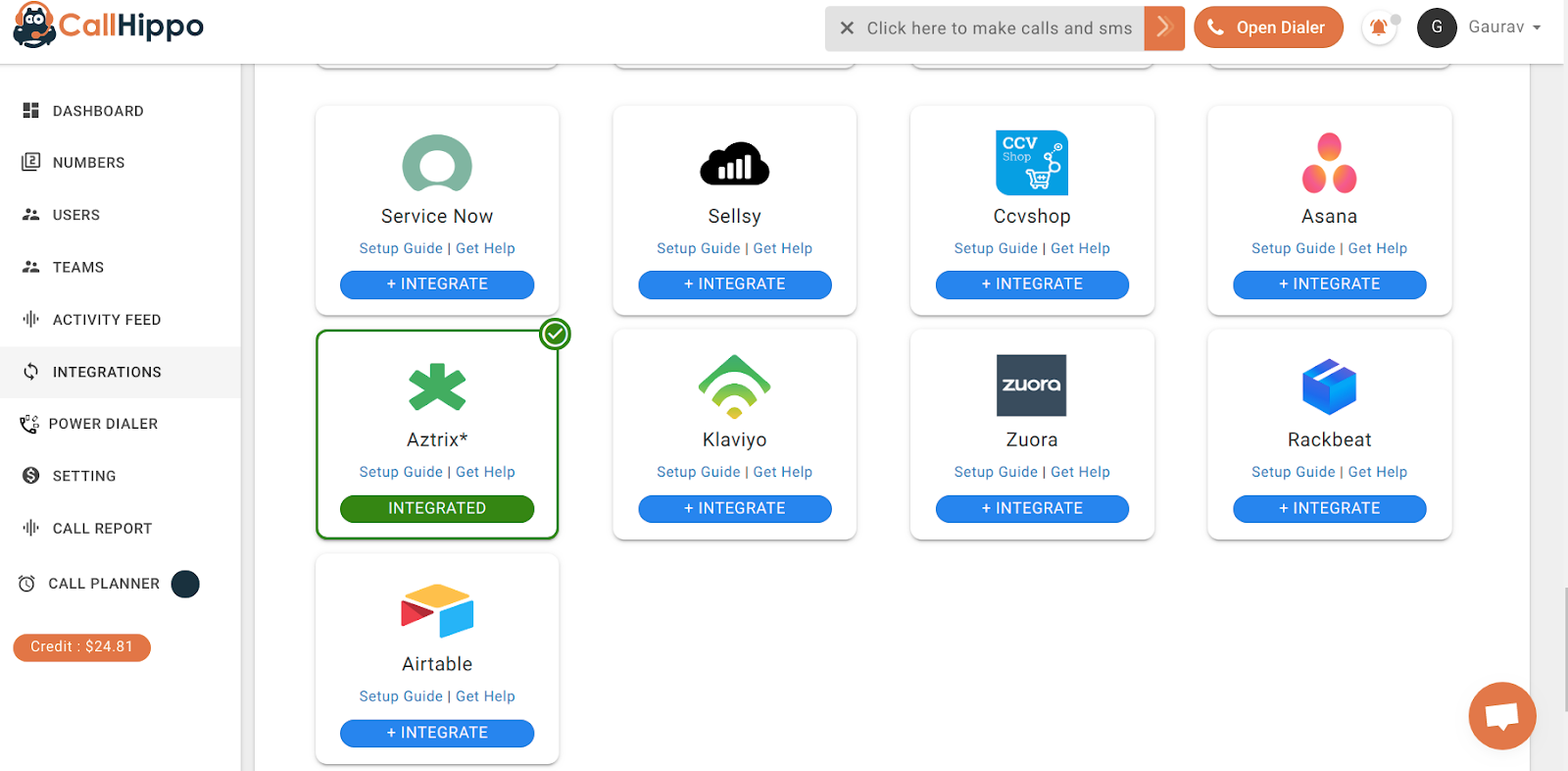 CallHippo Integrations grid with Aztrix marked Integrated