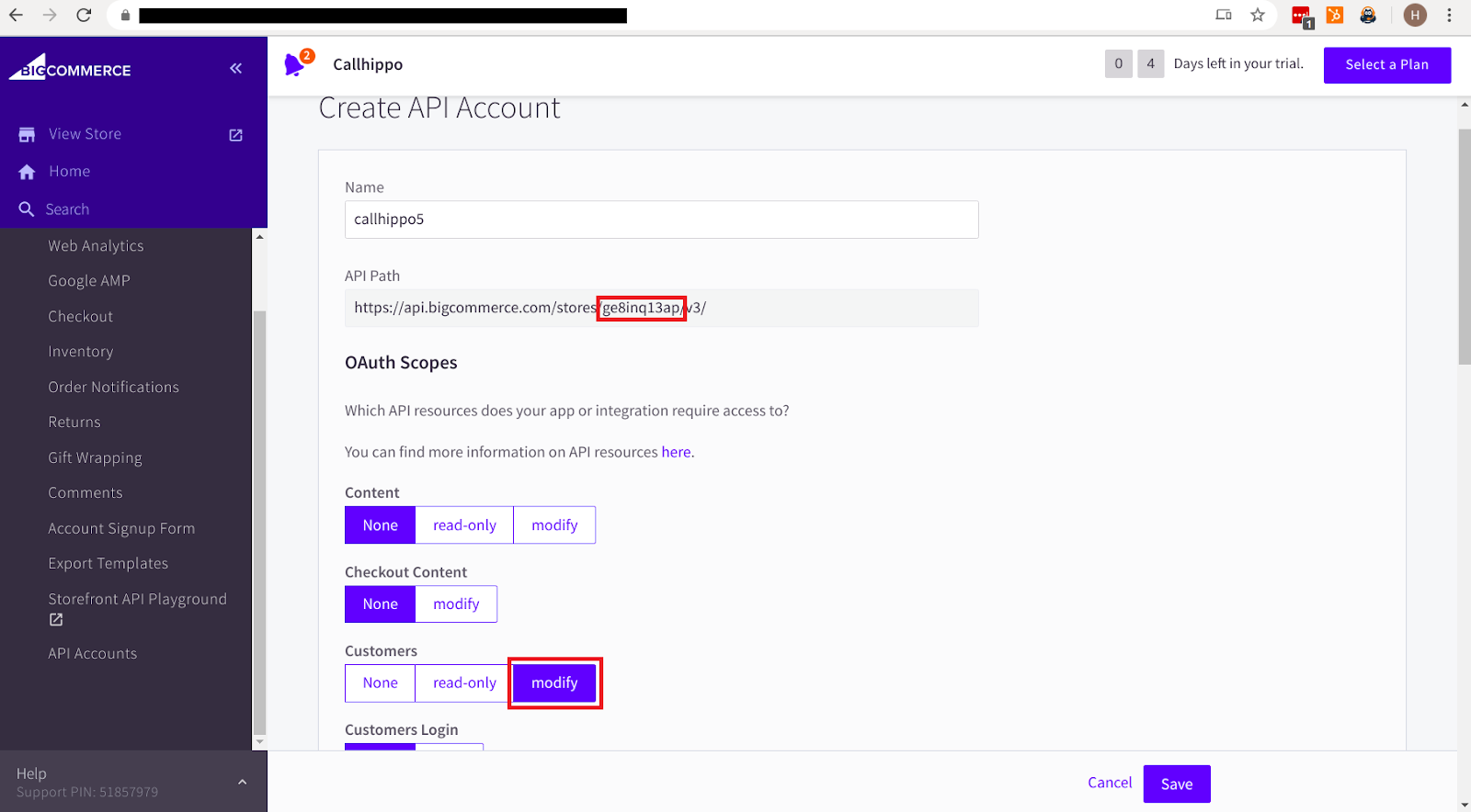 BigCommerce Create API Account form with the store hash and Customers modify permission