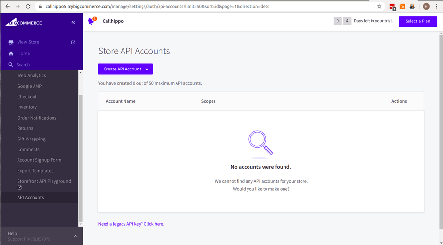 BigCommerce Store API Accounts page with the Create API Account button