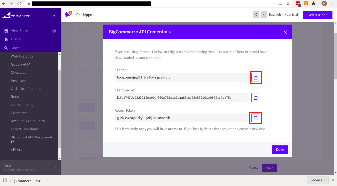 BigCommerce API Credentials popup showing Client ID, Client Secret and Access Token