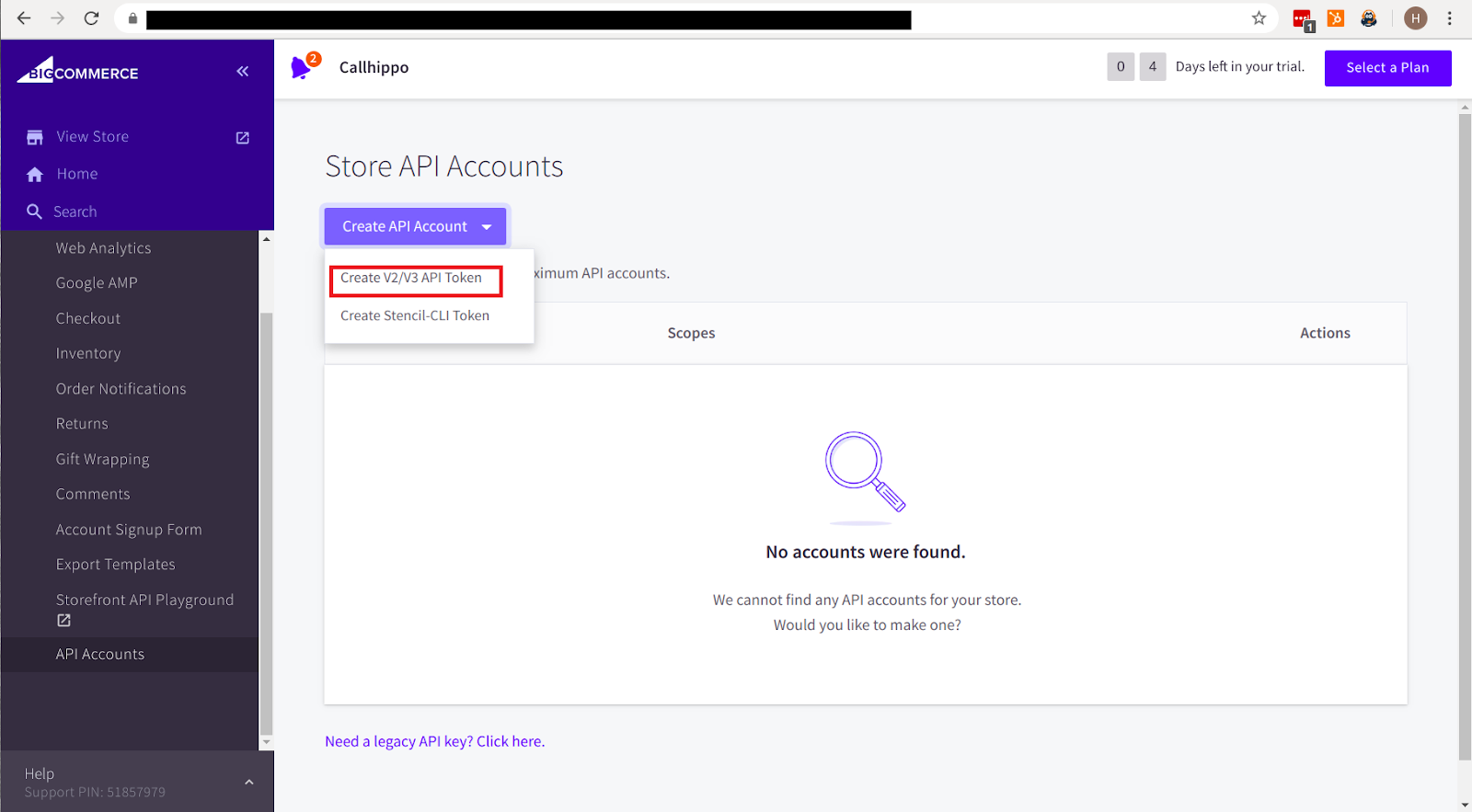 BigCommerce Create API Account dropdown with the Create V2/V3 API Token option