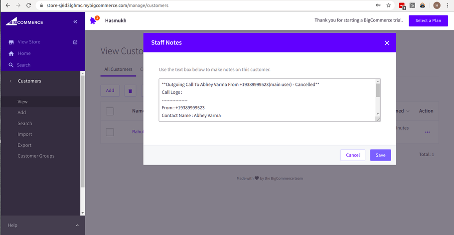BigCommerce customer Staff Notes showing a CallHippo call log