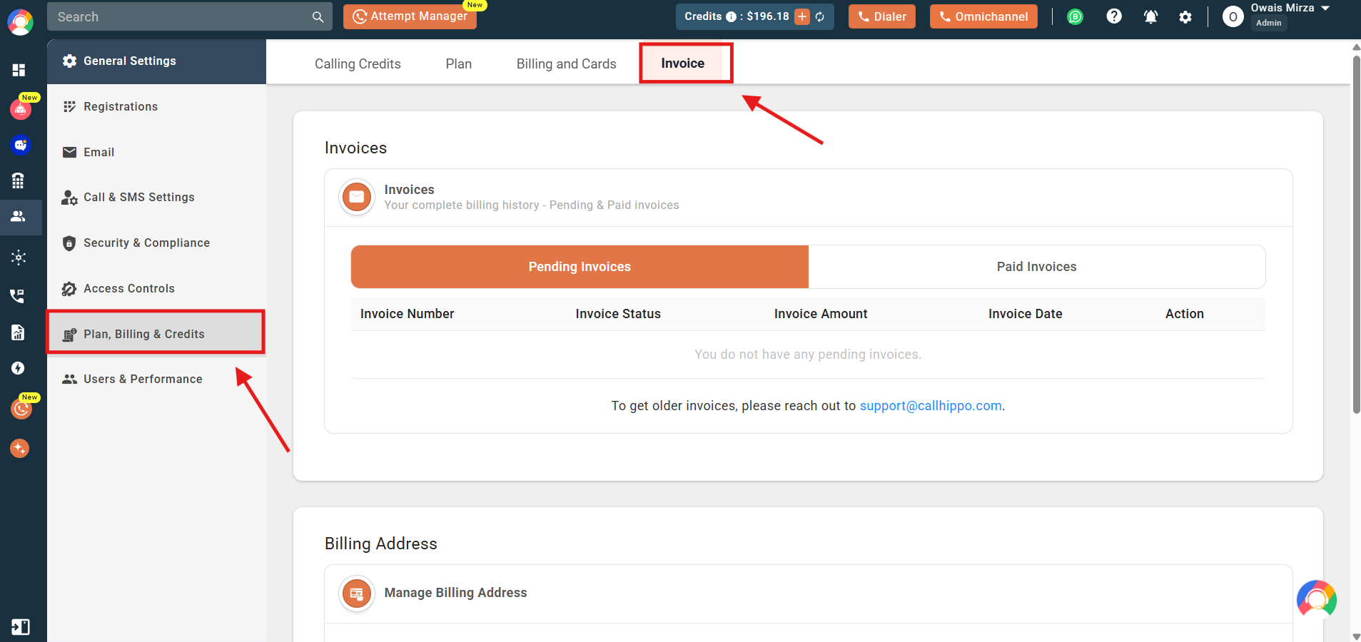 Plan, Billing and Credits section with the Invoice tab selected in CallHippo settings