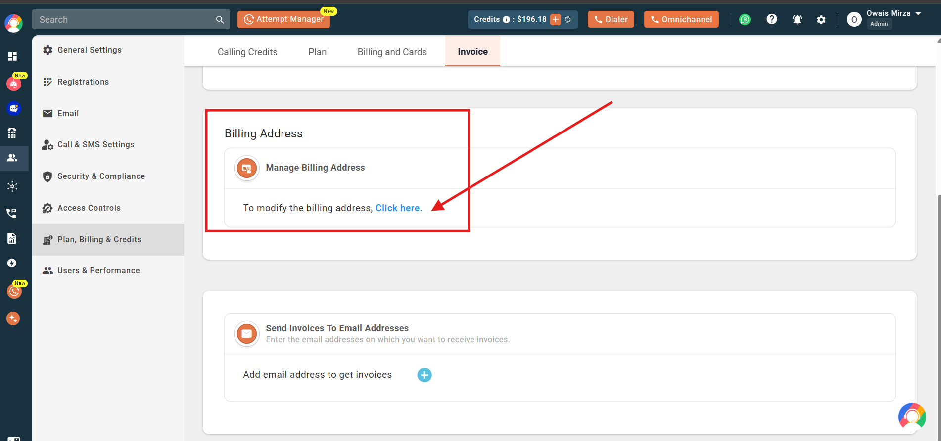 Billing Address section highlighted on the CallHippo Invoice page