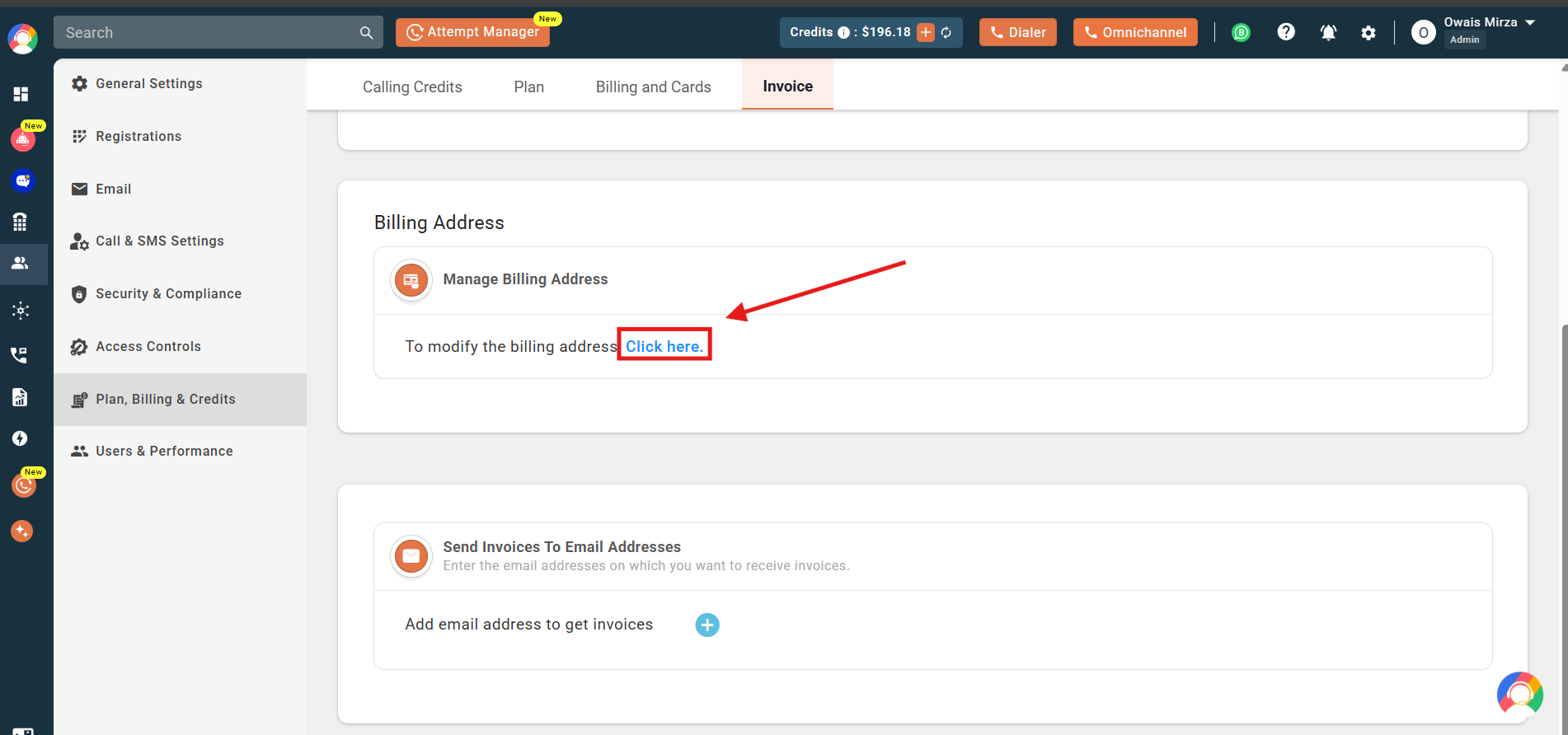 Blue Click here link to modify the billing address in CallHippo