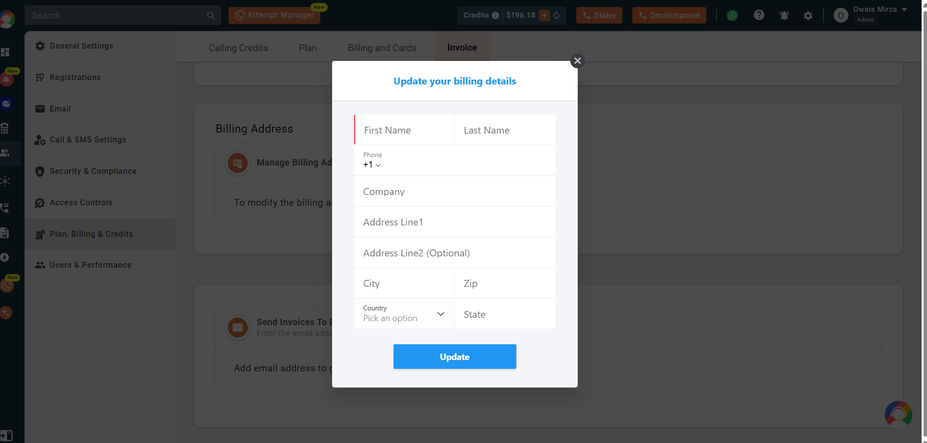 Update your billing details form with name, address, city, country and state fields