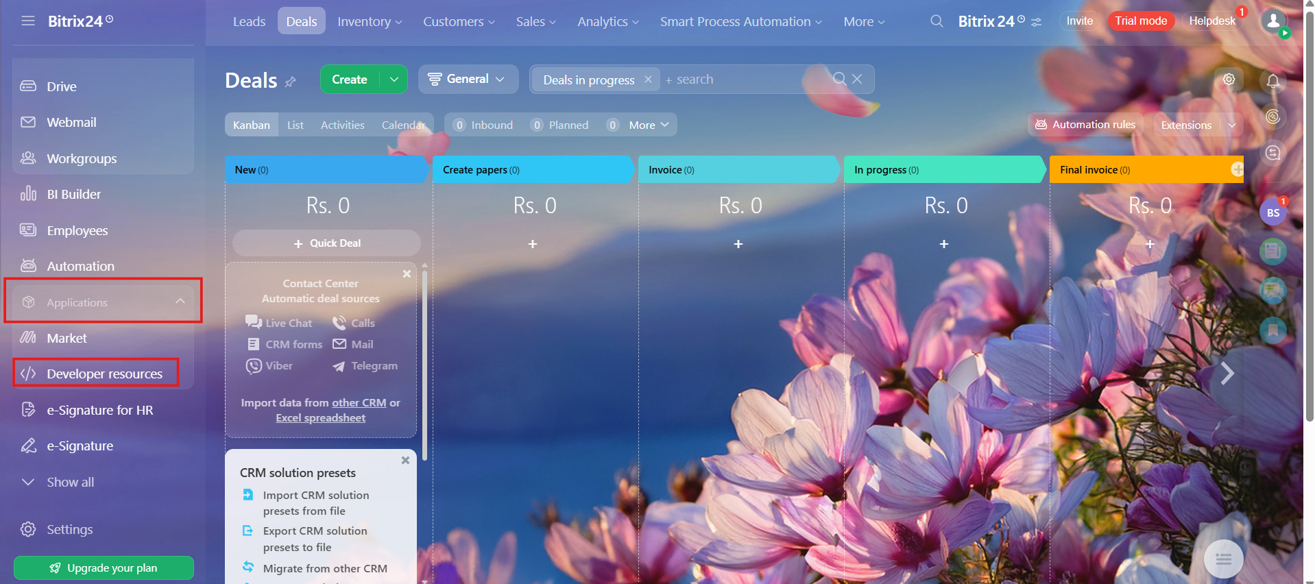 Bitrix24 left menu with Applications expanded and Developer resources highlighted