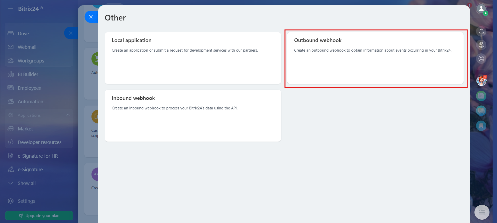 Bitrix24 Other popup with the Outbound webhook card highlighted