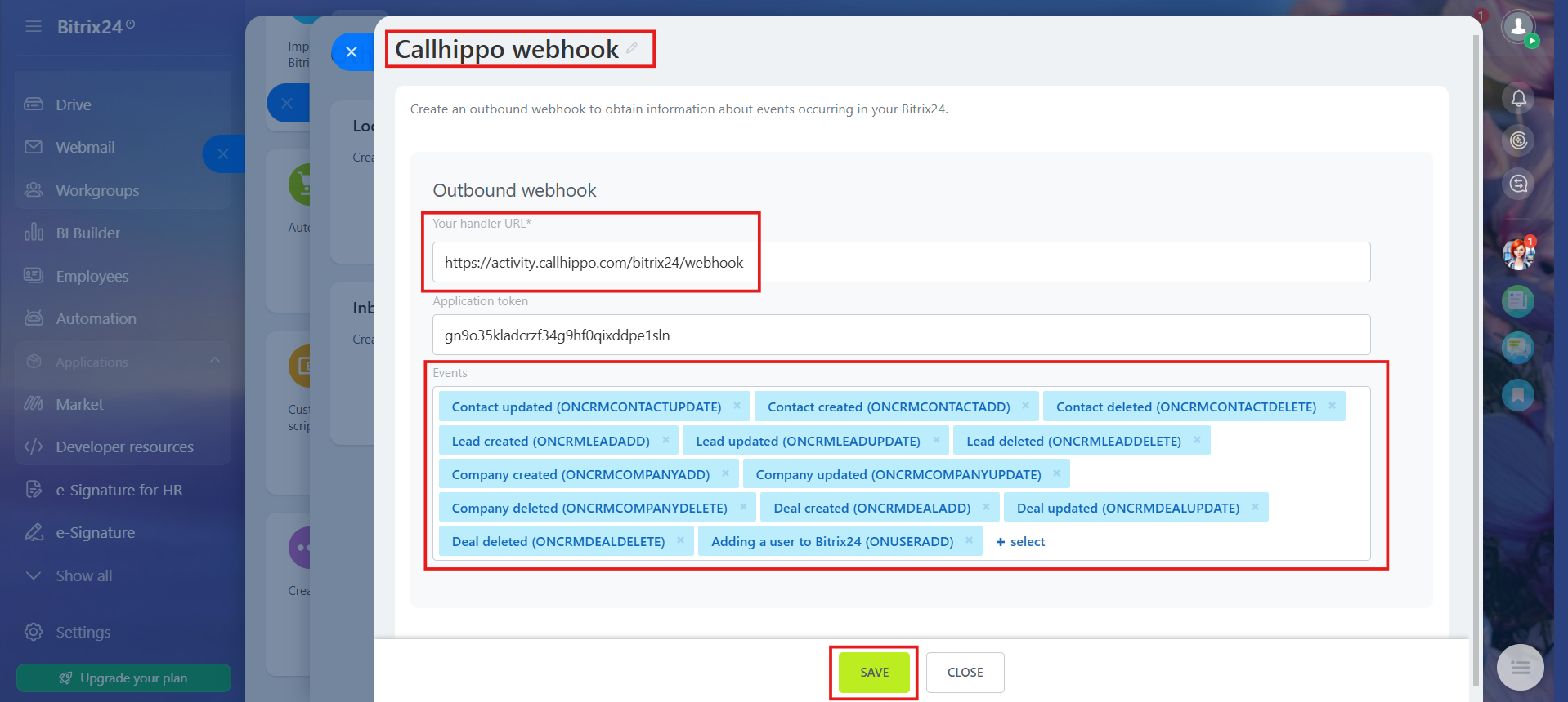 Bitrix24 outbound webhook named CallHippo webhook with the data sync handler URL and CRM events selected